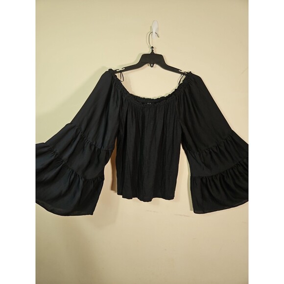 Anthropologie Tops - Anthropologie Black Off The Shoulder Black  Top Size M Tiered Wide Bell Sleeve